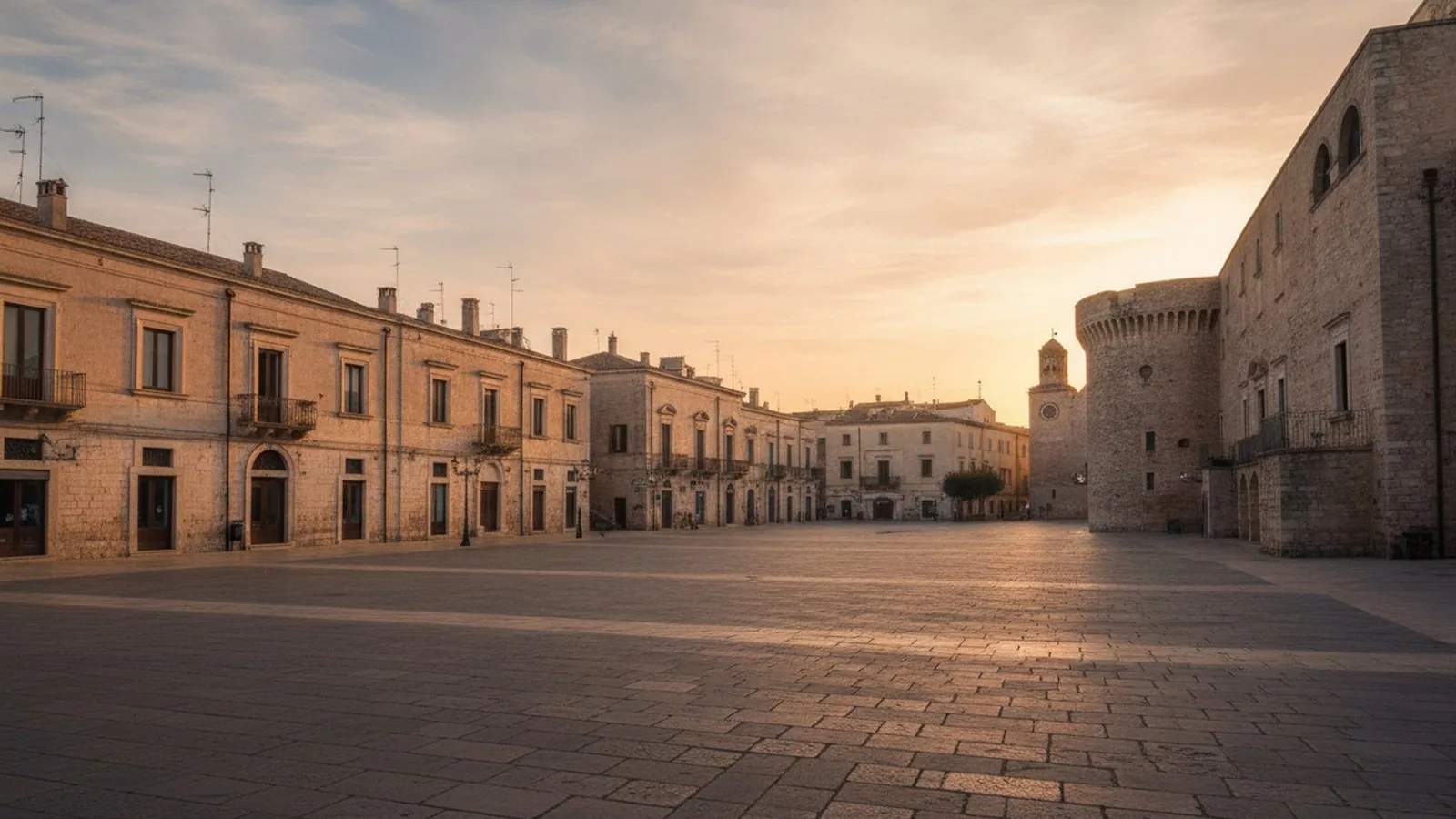 Piazza Castello a Conversano con il castello degli Acquaviva d'Aragona al tramonto